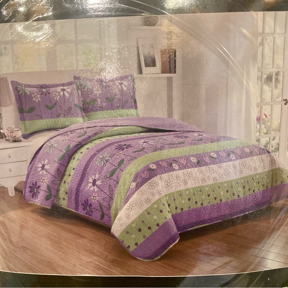 New Girl’s Fancy Linen 2Pc Twin Bedspread Flower Purple White Green Set - Picture 6 of 6